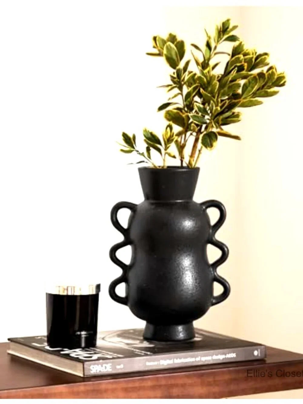 Ceramic Vase with Wave Handles, 10'' Tall Home Decor for Table, Bookshelf,